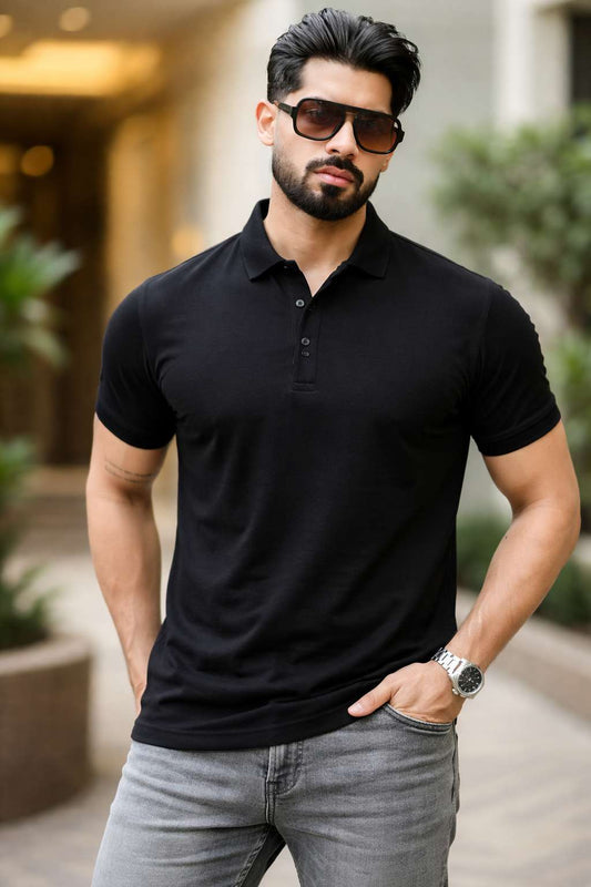 Classic Black Premium Knit Polo T-Shirt